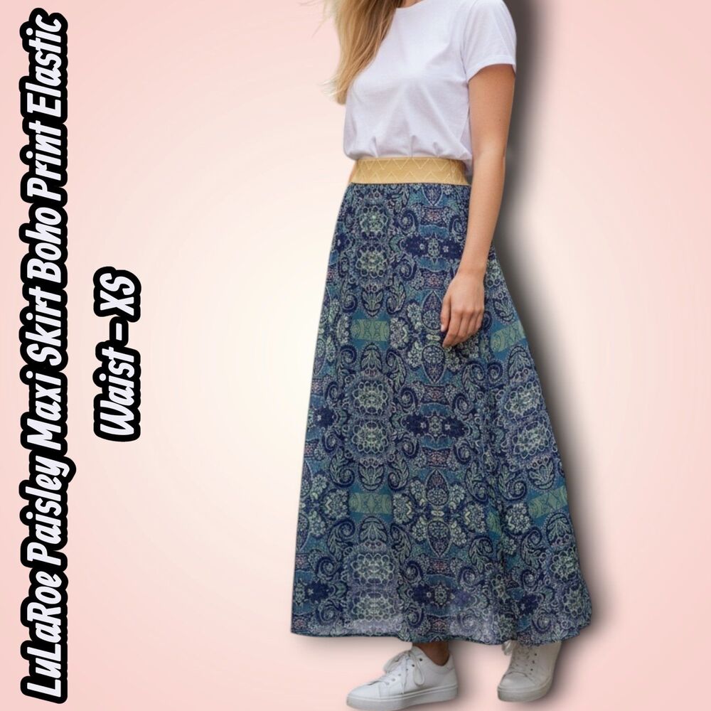 Preowned LuLaRoe Paisley Maxi Skirt Blue Purple Boho Print Elastic Waist Size XS